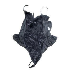 Vintage NEW Juliara black feather sheer lace nighty L #1001